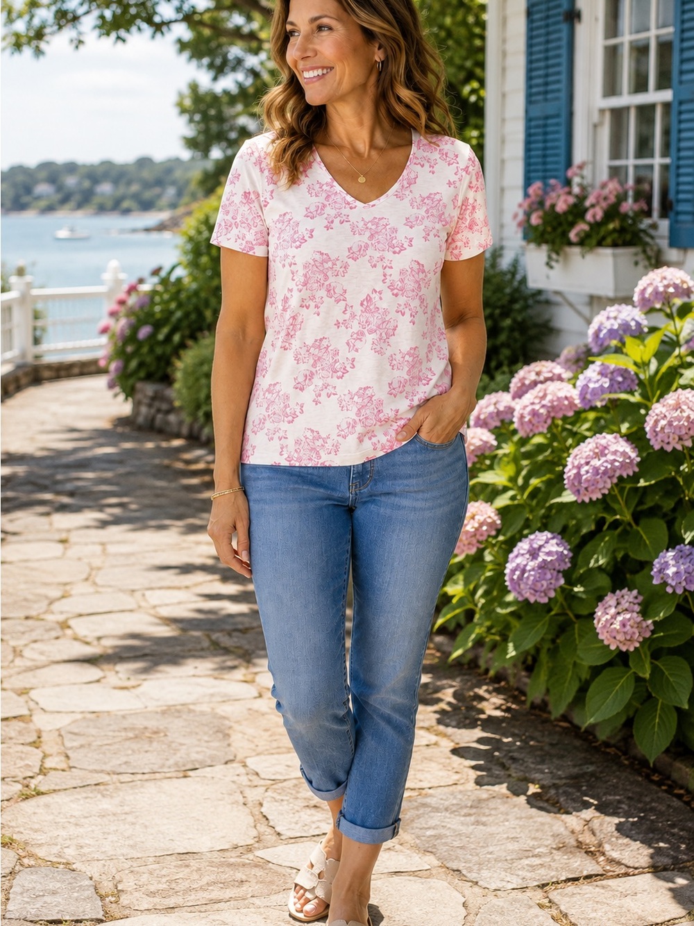 White Stag Pink Floral V-Neck T-Shirt | Soft Short Sleeve Tee Casual Spring Top
